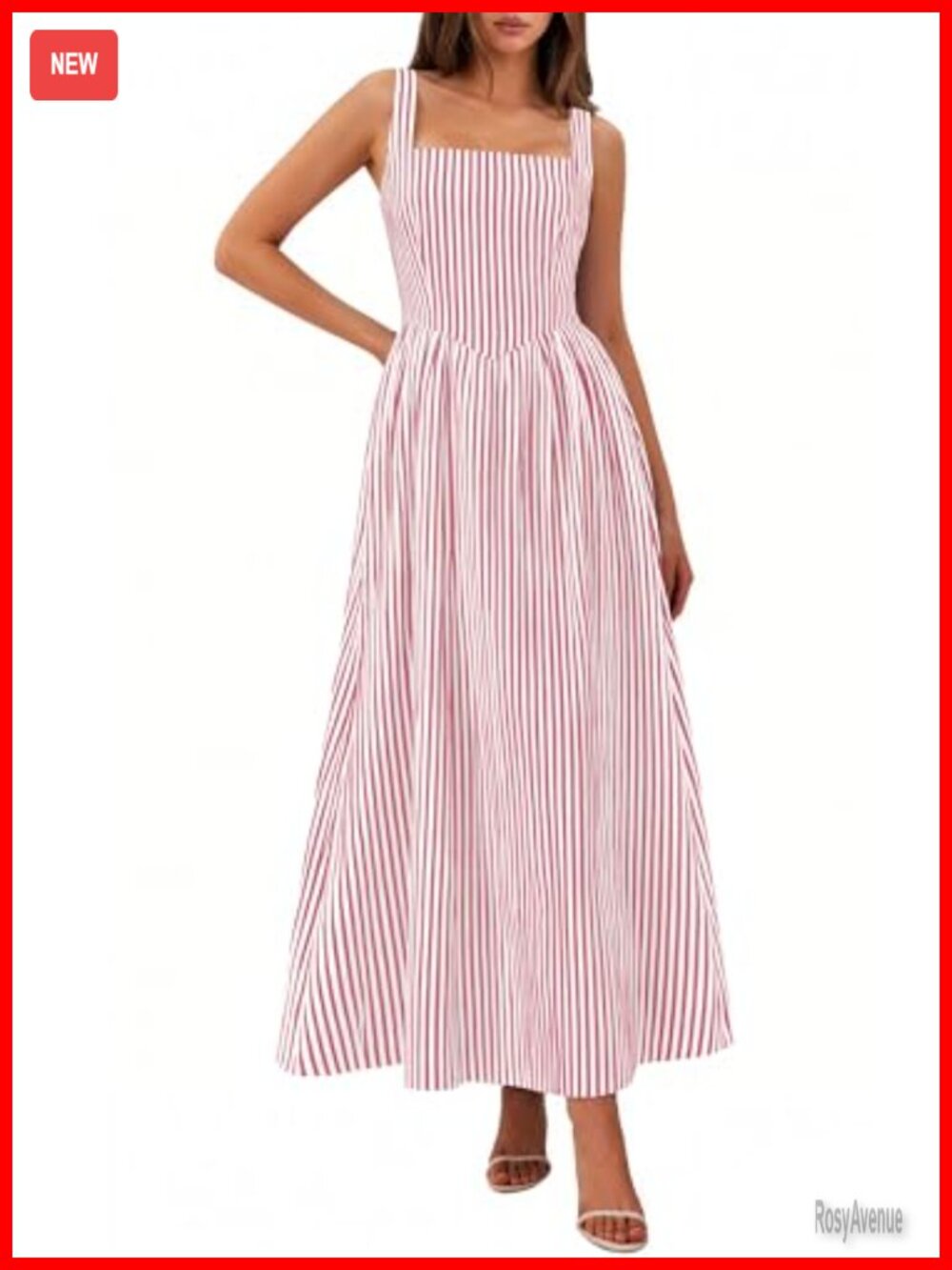 Womens Striped Maxi Dress Square Neck Sleeveless A Line Flowy Sundress